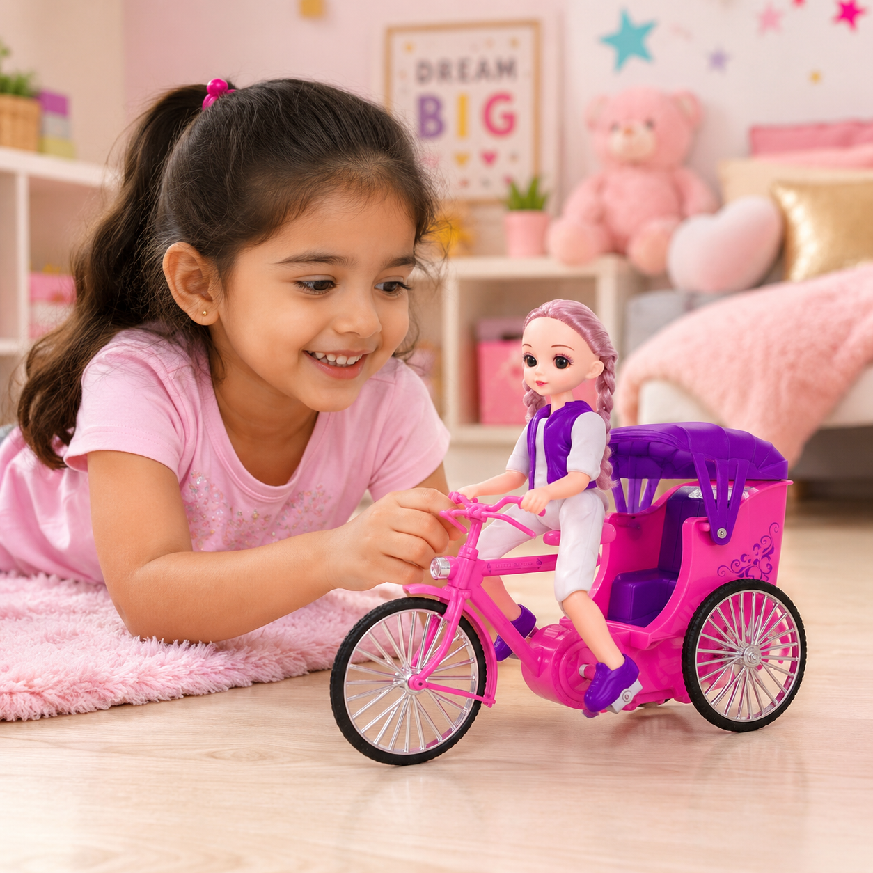 Battery Operated Trendy Girl Stunt Toy for Kids 3+ | Light & Music 360 Rotating Doll Tricycle Toy | Pink Musical Girl Cycle Toy - Image 5