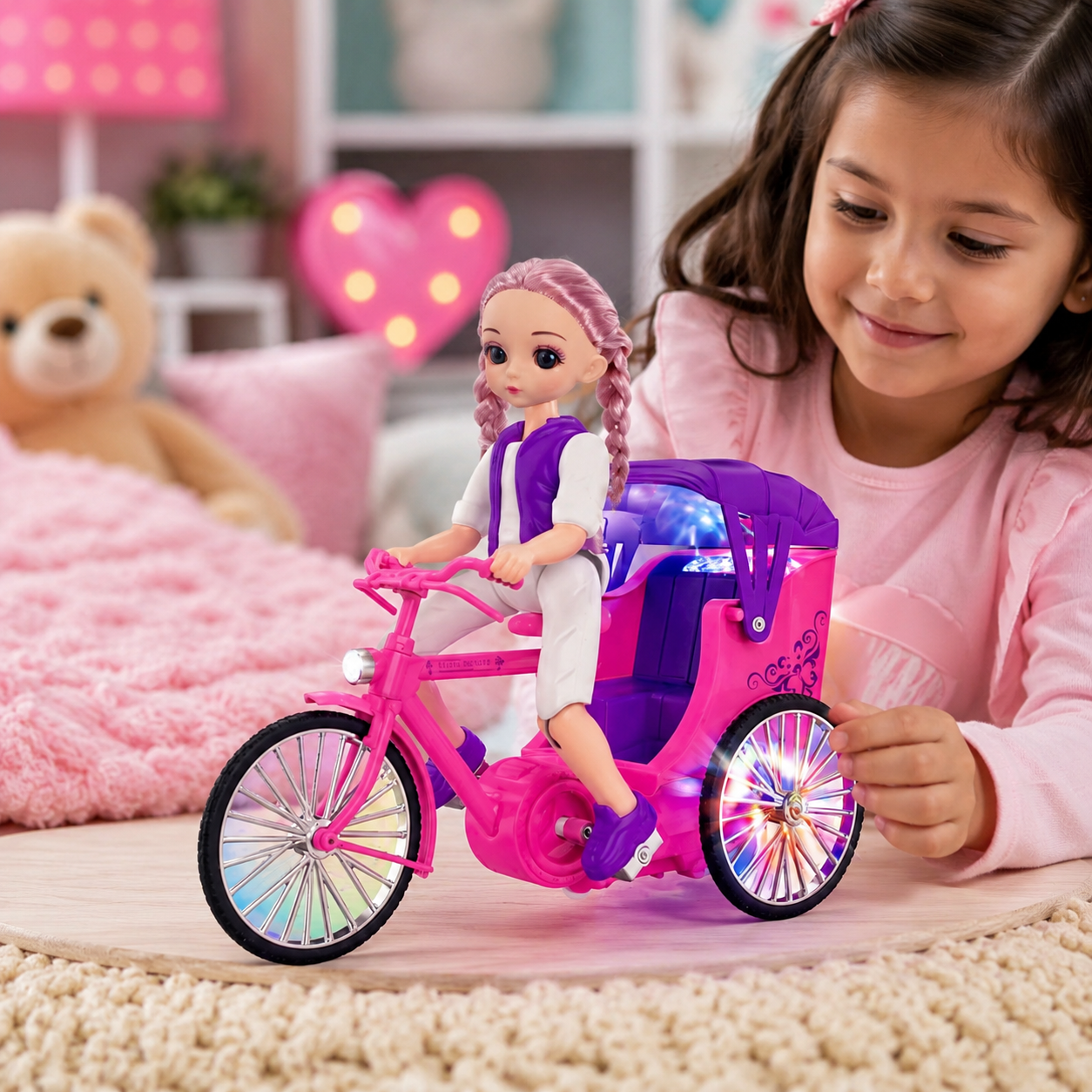 Battery Operated Trendy Girl Stunt Toy for Kids 3+ | Light & Music 360 Rotating Doll Tricycle Toy | Pink Musical Girl Cycle Toy - Image 4