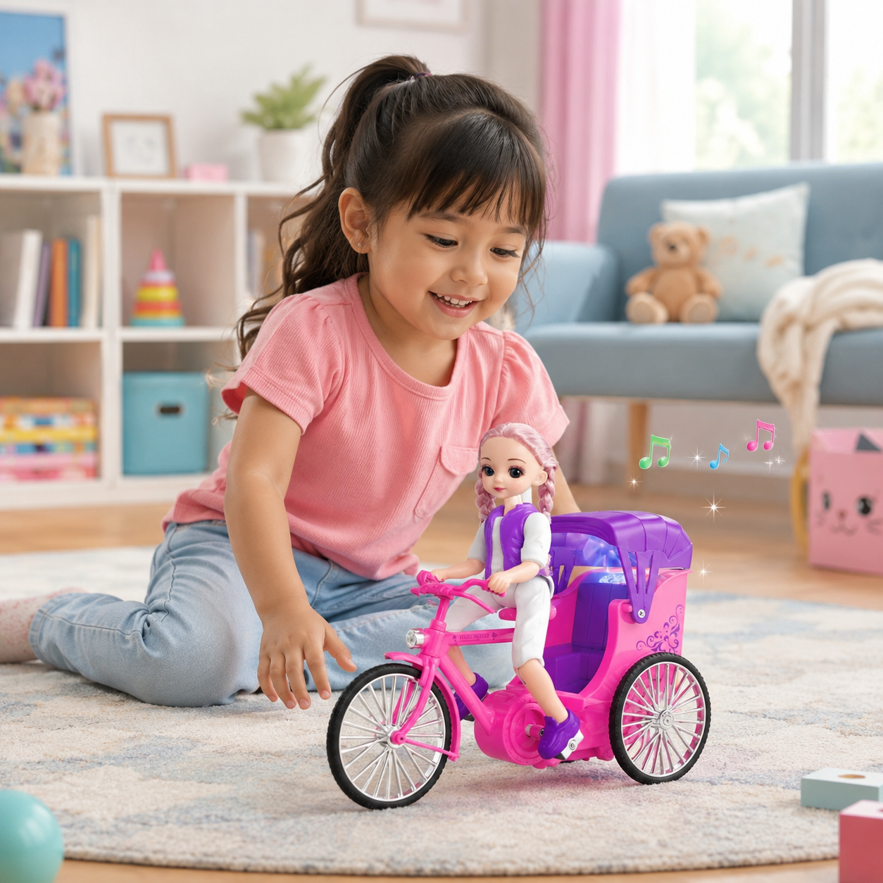 Battery Operated Trendy Girl Stunt Toy for Kids 3+ | Light & Music 360 Rotating Doll Tricycle Toy | Pink Musical Girl Cycle Toy - Image 6