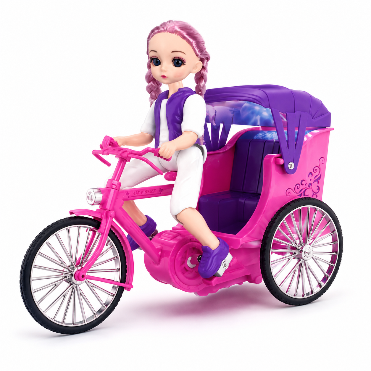 Battery Operated Trendy Girl Stunt Toy for Kids 3+ | Light & Music 360 Rotating Doll Tricycle Toy | Pink Musical Girl Cycle Toy