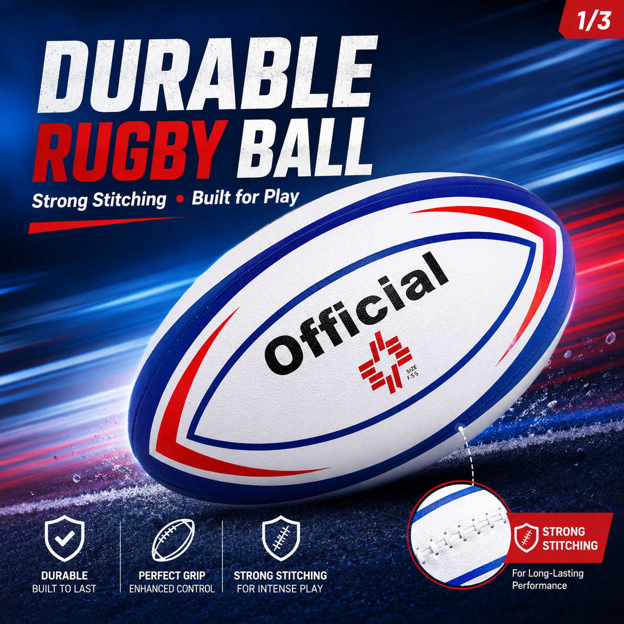 Rugby Ball / Oval Football for Kids & Adults – Official Printed Design, Outdoor Sports Training Ball, Red Blue White Practice Ball - Image 2
