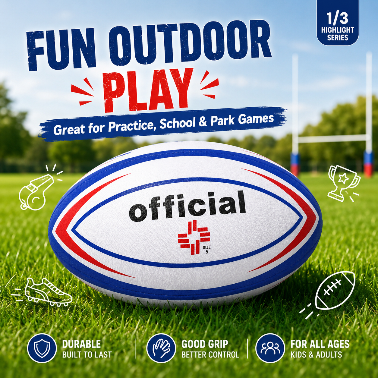 Rugby Ball / Oval Football for Kids & Adults – Official Printed Design, Outdoor Sports Training Ball, Red Blue White Practice Ball - Image 7