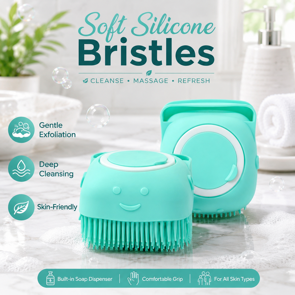Silicone Massage Bath Brush for Body & Scalp – Soft Bristle Shower Scrubber with Soap/Shampoo Dispenser Lid, Cute Cat Design Bath Brush - Image 9