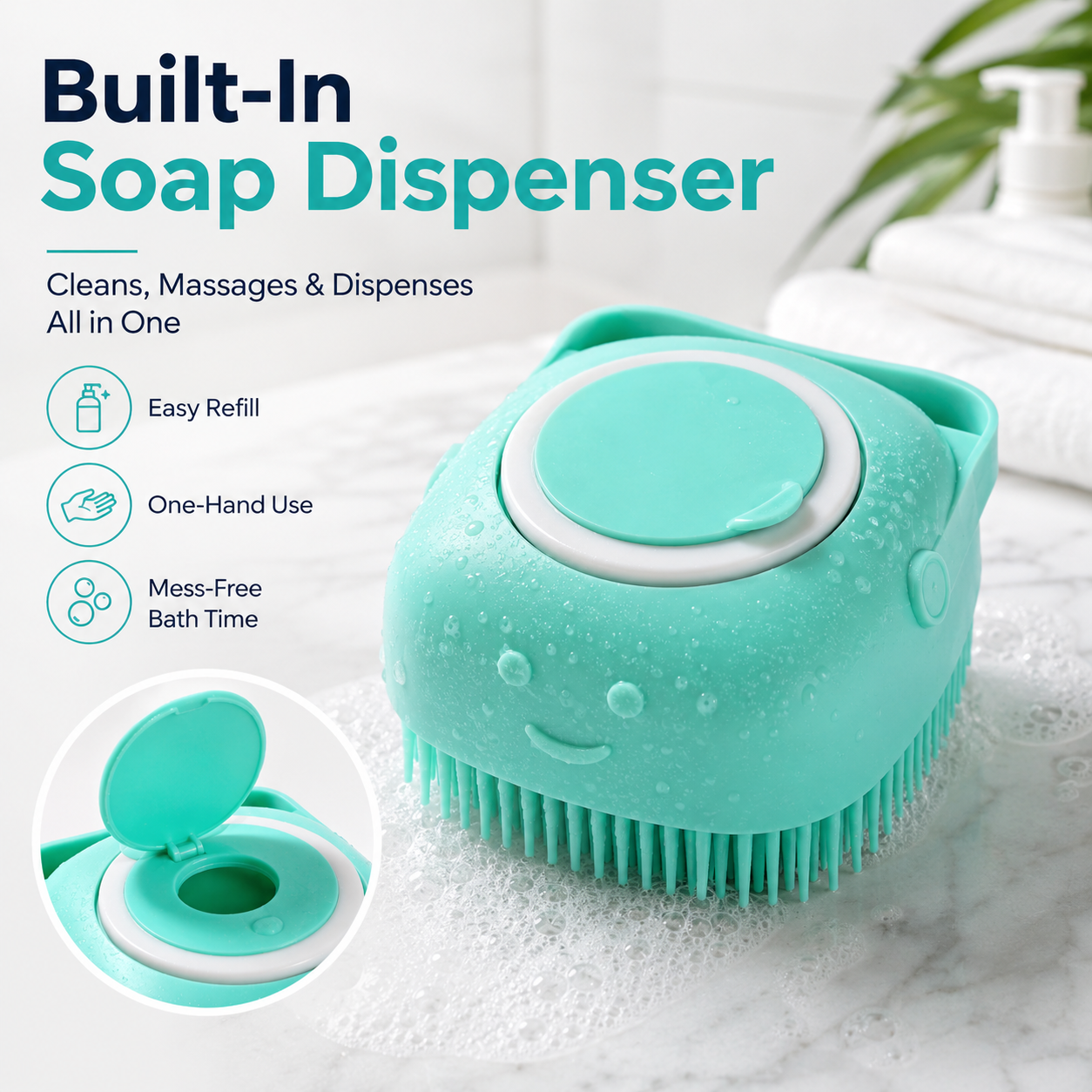 Silicone Massage Bath Brush for Body & Scalp – Soft Bristle Shower Scrubber with Soap/Shampoo Dispenser Lid, Cute Cat Design Bath Brush - Image 8