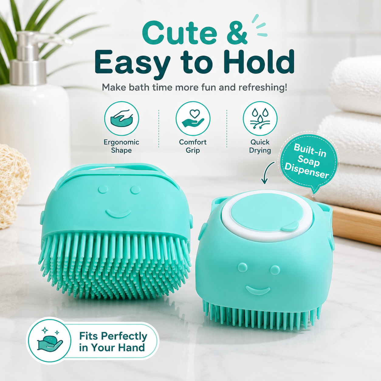 Silicone Massage Bath Brush for Body & Scalp – Soft Bristle Shower Scrubber with Soap/Shampoo Dispenser Lid, Cute Cat Design Bath Brush - Image 7