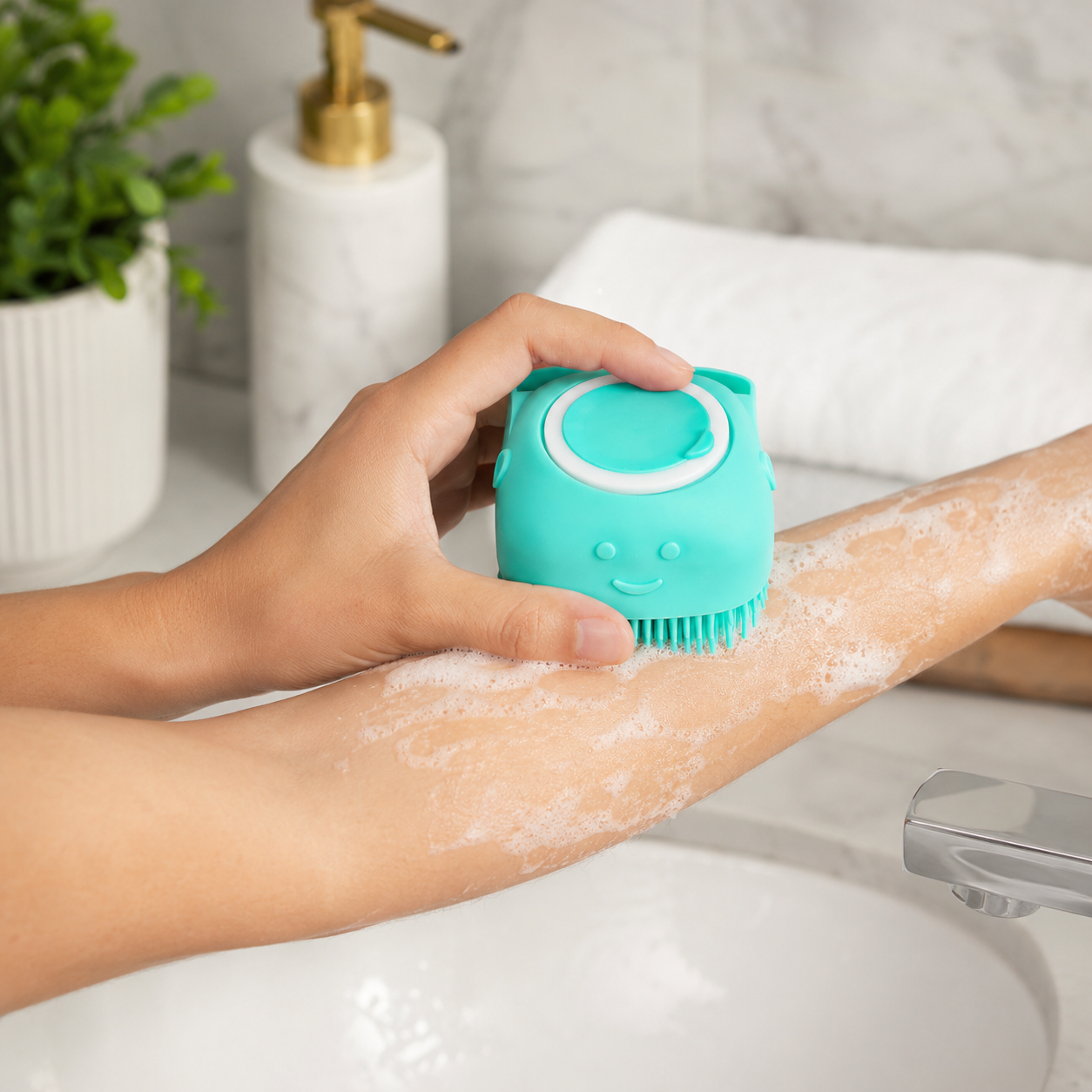 Silicone Massage Bath Brush for Body & Scalp – Soft Bristle Shower Scrubber with Soap/Shampoo Dispenser Lid, Cute Cat Design Bath Brush - Image 6