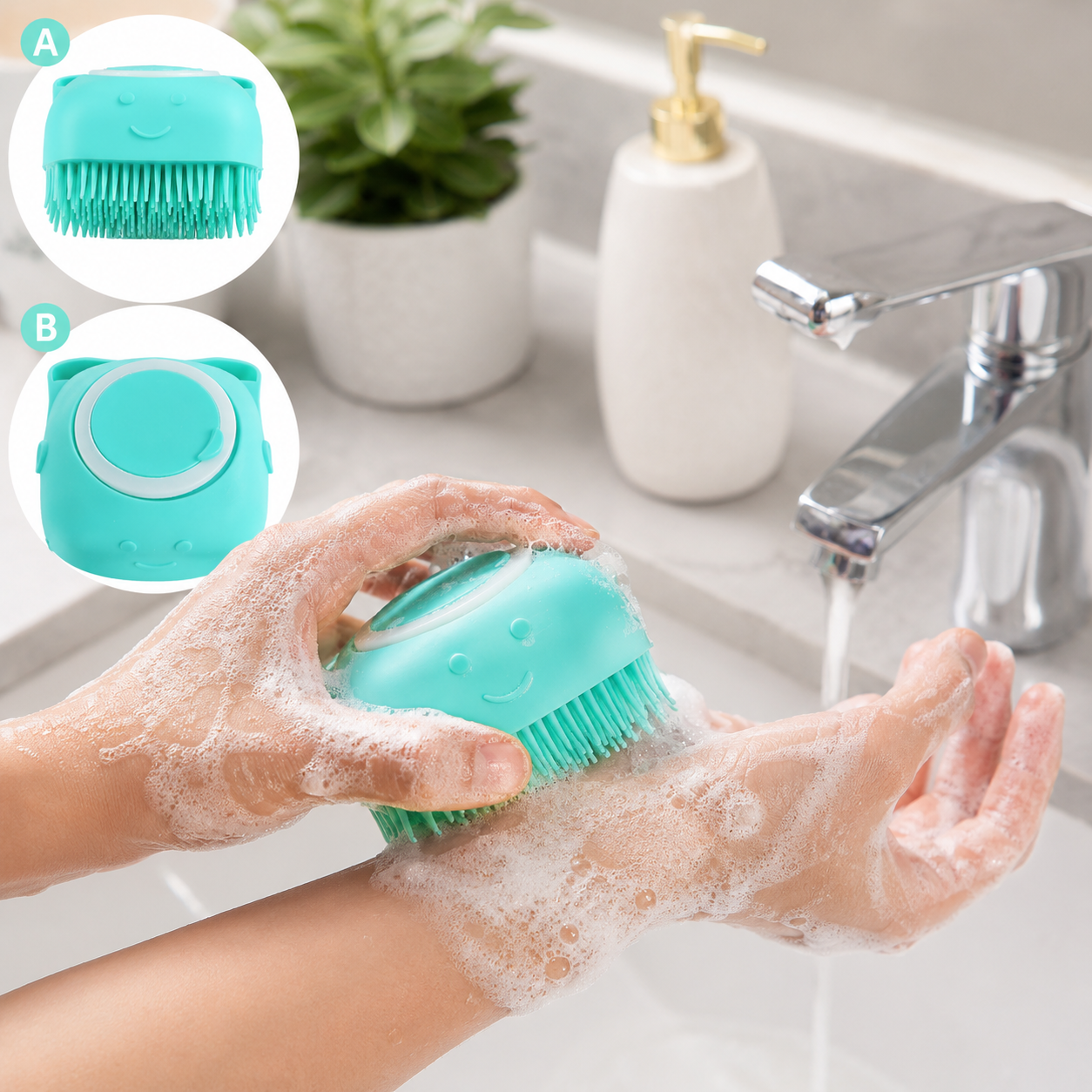 Silicone Massage Bath Brush for Body & Scalp – Soft Bristle Shower Scrubber with Soap/Shampoo Dispenser Lid, Cute Cat Design Bath Brush - Image 5