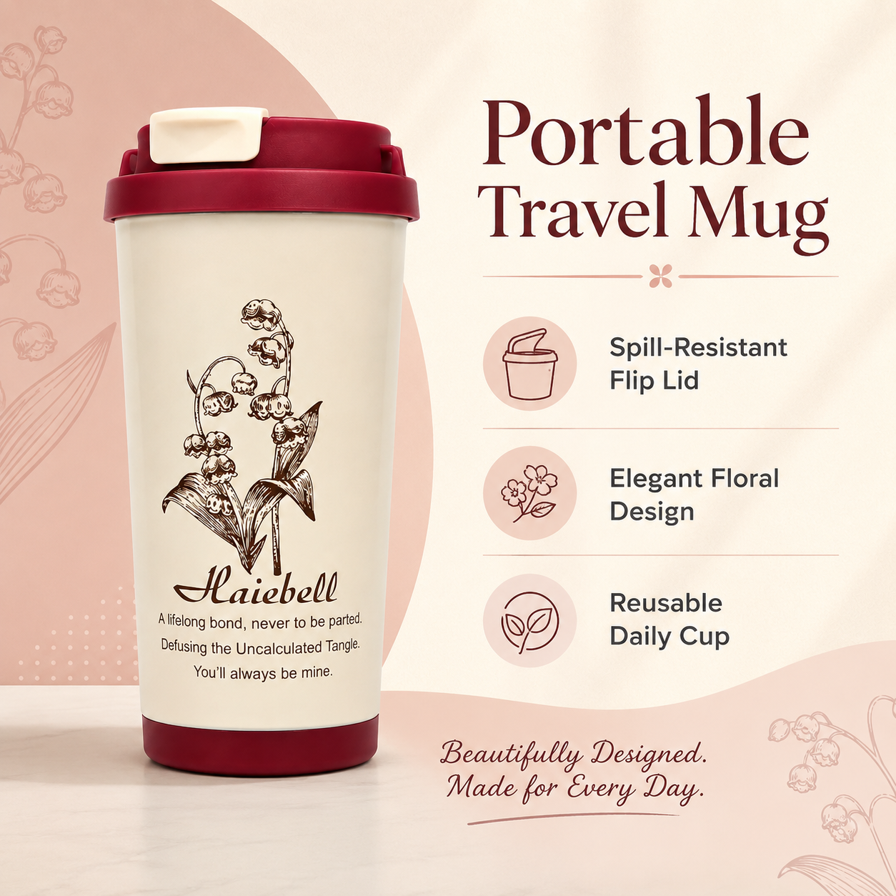 Haiebell Floral Printed Travel Mug with Lid – Reusable Coffee Cup, Portable Tea Tumbler, Spill-Resistant Sipper Cup for Office, School & Travel – Cream & Maroon - Image 2