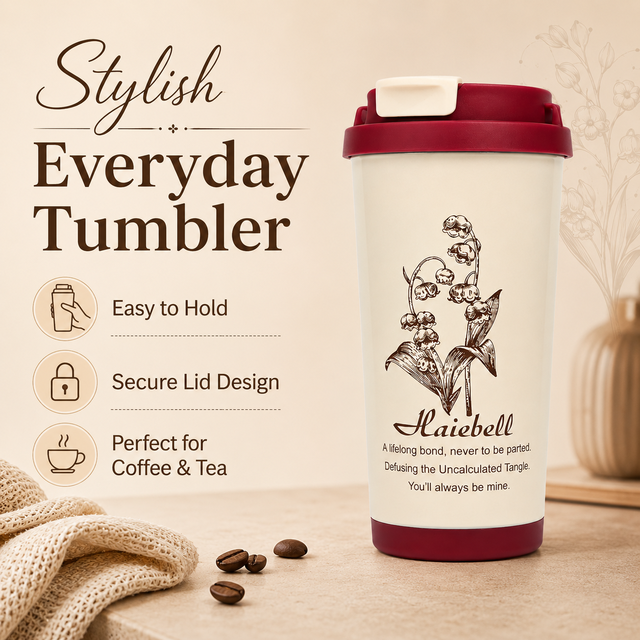 Haiebell Floral Printed Travel Mug with Lid – Reusable Coffee Cup, Portable Tea Tumbler, Spill-Resistant Sipper Cup for Office, School & Travel – Cream & Maroon - Image 9