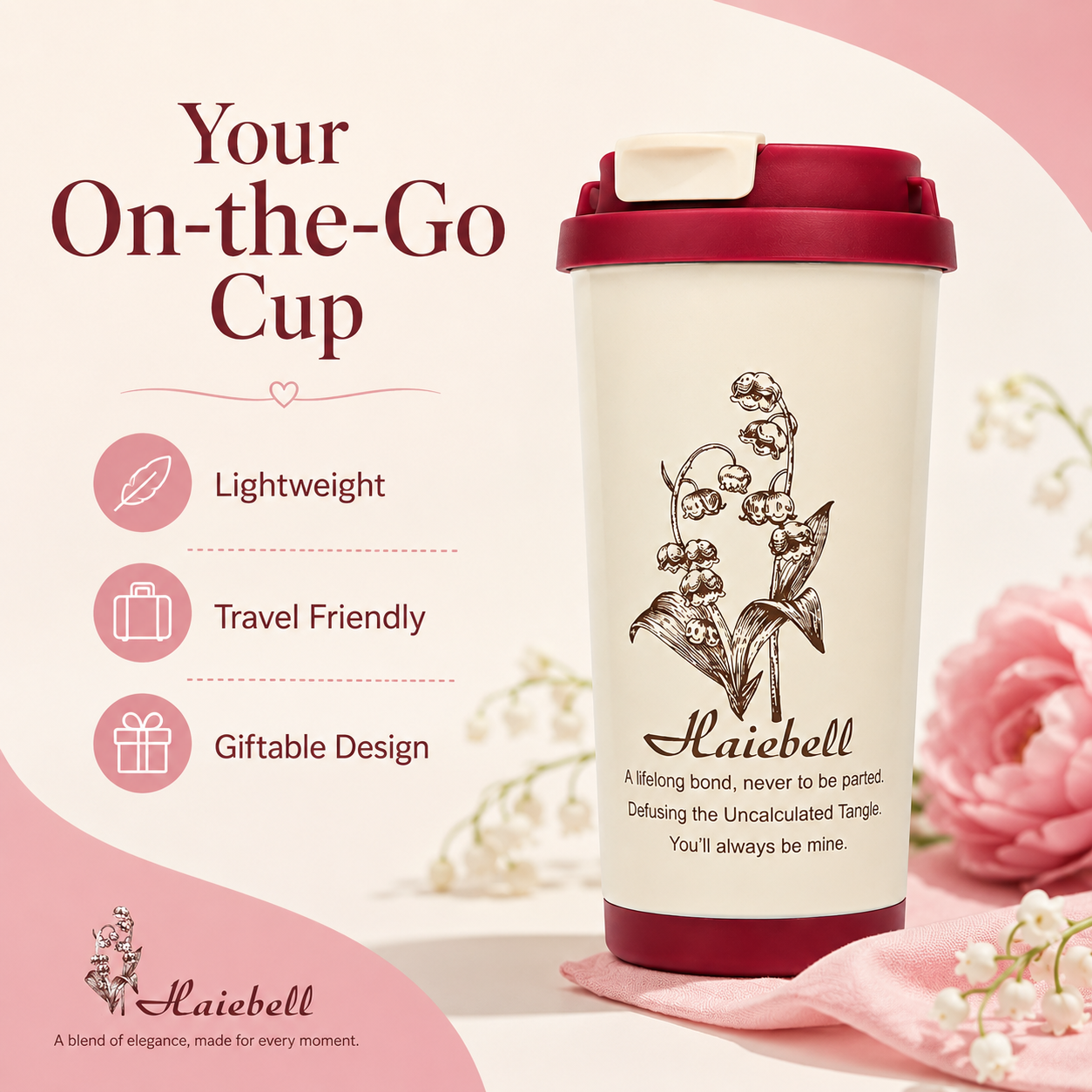Haiebell Floral Printed Travel Mug with Lid – Reusable Coffee Cup, Portable Tea Tumbler, Spill-Resistant Sipper Cup for Office, School & Travel – Cream & Maroon - Image 4