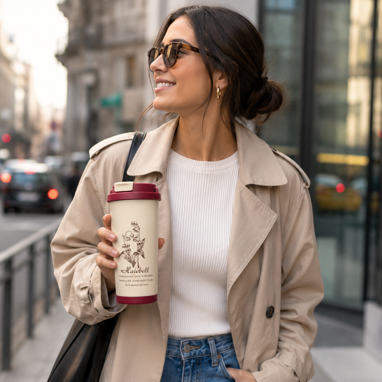 Haiebell Floral Printed Travel Mug with Lid – Reusable Coffee Cup, Portable Tea Tumbler, Spill-Resistant Sipper Cup for Office, School & Travel – Cream & Maroon - Image 3