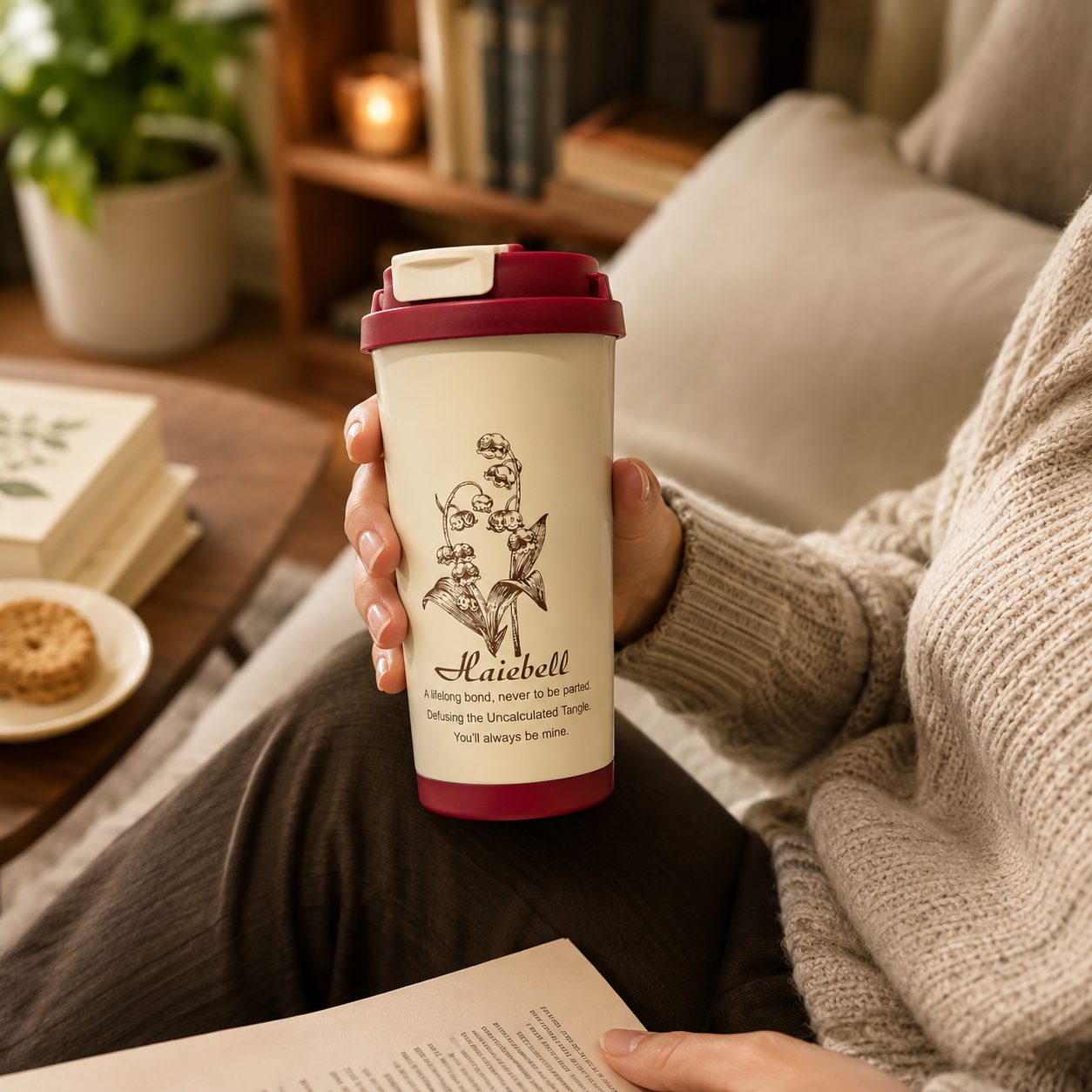 Haiebell Floral Printed Travel Mug with Lid – Reusable Coffee Cup, Portable Tea Tumbler, Spill-Resistant Sipper Cup for Office, School & Travel – Cream & Maroon - Image 5