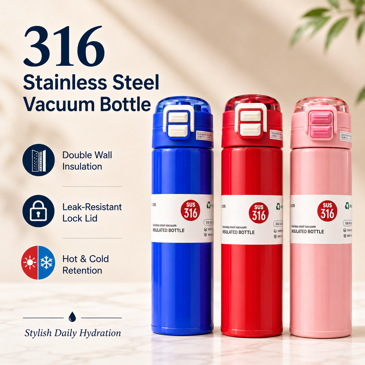 SUS 316 Stainless Steel Vacuum Insulated Water Bottle 500ml – Hot & Cold Thermos Flask with One Touch Flip Lid, Portable Travel Coffee Tea Bottle for School, Office, Gym & Travel – Blue, Red, Pink - Image 2