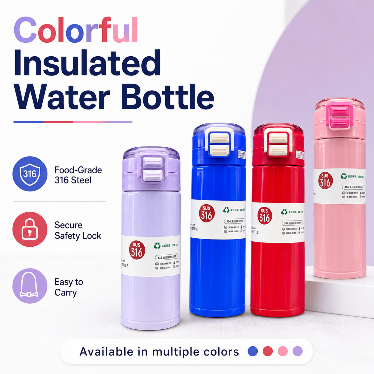 SUS 316 Stainless Steel Vacuum Insulated Water Bottle 500ml – Hot & Cold Thermos Flask with One Touch Flip Lid, Portable Travel Coffee Tea Bottle for School, Office, Gym & Travel – Blue, Red, Pink - Image 3