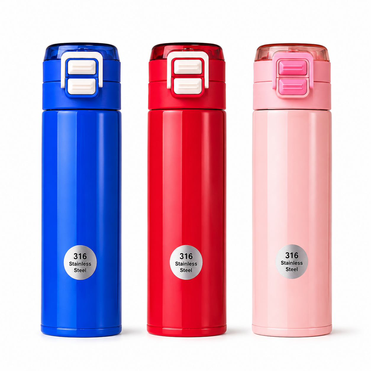 SUS 316 Stainless Steel Vacuum Insulated Water Bottle 500ml – Hot & Cold Thermos Flask with One Touch Flip Lid, Portable Travel Coffee Tea Bottle for School, Office, Gym & Travel – Blue, Red, Pink