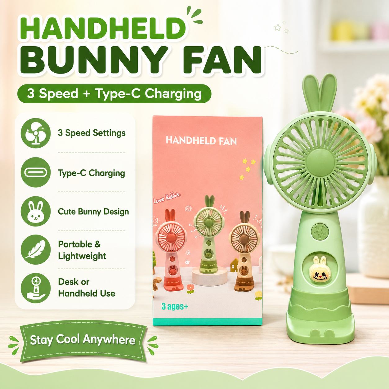 Cute Rabbit Rechargeable Handheld Fan 3 Speed Mini Portable Fan Type-C Charging Desktop Cooling Fan for Kids Students Office Travel – Green - Image 2