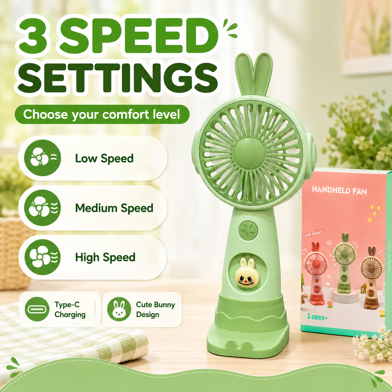 Cute Rabbit Rechargeable Handheld Fan 3 Speed Mini Portable Fan Type-C Charging Desktop Cooling Fan for Kids Students Office Travel – Green - Image 3