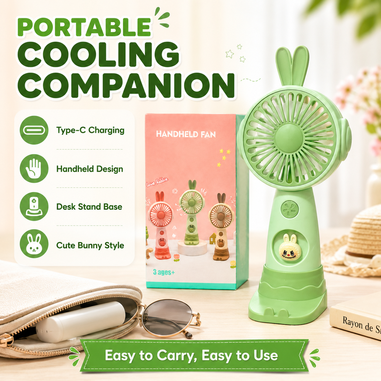 Cute Rabbit Rechargeable Handheld Fan 3 Speed Mini Portable Fan Type-C Charging Desktop Cooling Fan for Kids Students Office Travel – Green - Image 4