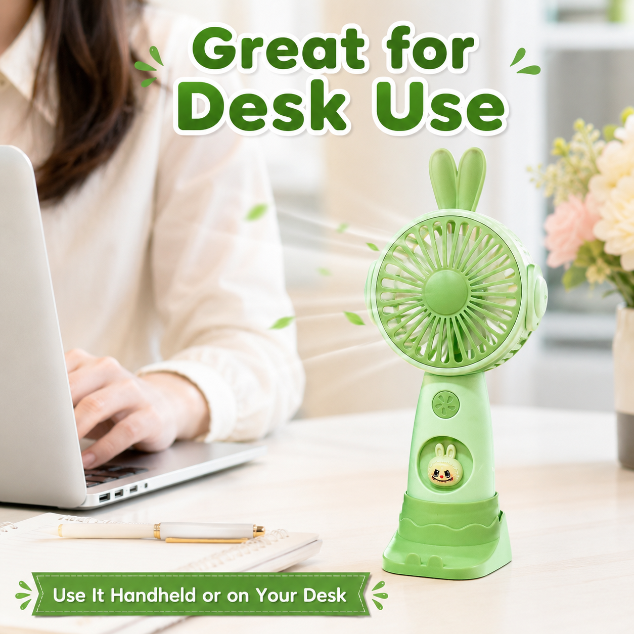 Cute Rabbit Rechargeable Handheld Fan 3 Speed Mini Portable Fan Type-C Charging Desktop Cooling Fan for Kids Students Office Travel – Green - Image 5
