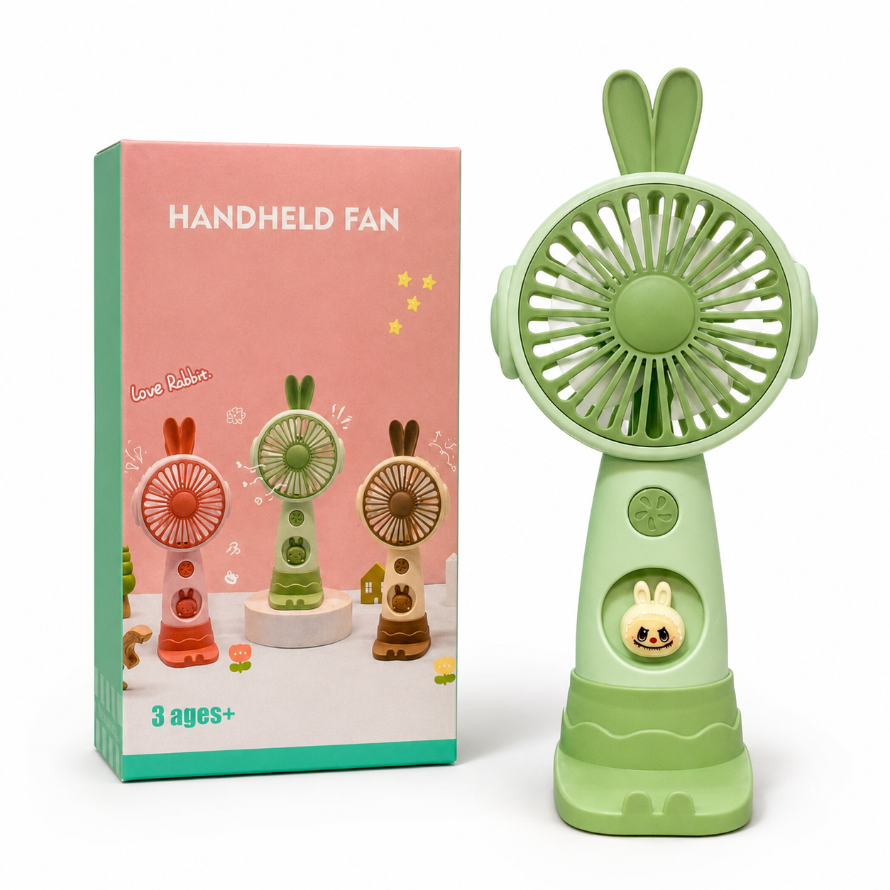 Cute Rabbit Rechargeable Handheld Fan 3 Speed Mini Portable Fan Type-C Charging Desktop Cooling Fan for Kids Students Office Travel – Green