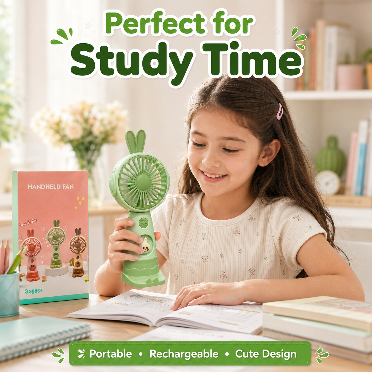 Cute Rabbit Rechargeable Handheld Fan 3 Speed Mini Portable Fan Type-C Charging Desktop Cooling Fan for Kids Students Office Travel – Green - Image 8