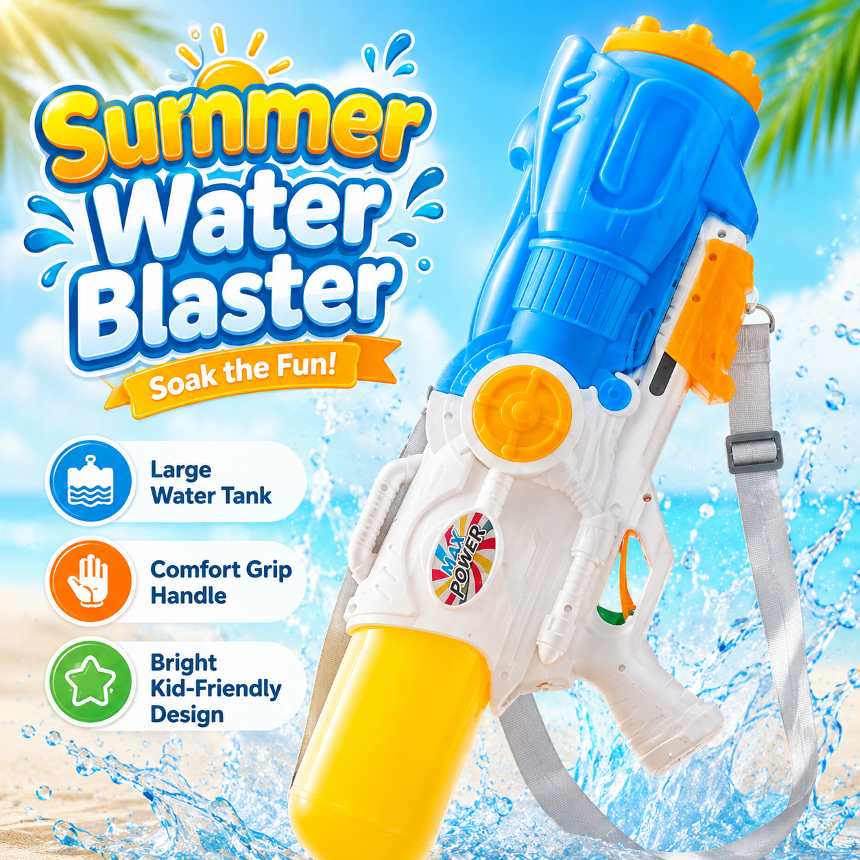 Large Kids Water Gun Toy – Manual Pump Action Water Blaster with Big Water Tank for Outdoor Pool Beach Summer Fun – Blue White Yellow - Image 2