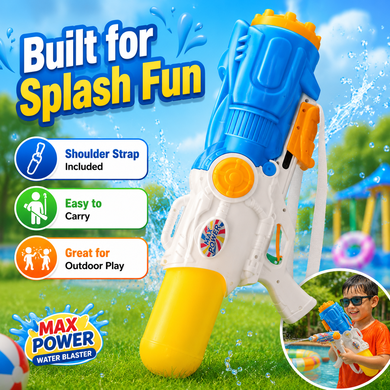 Large Kids Water Gun Toy – Manual Pump Action Water Blaster with Big Water Tank for Outdoor Pool Beach Summer Fun – Blue White Yellow - Image 4