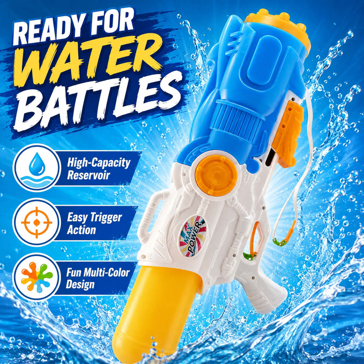 Large Kids Water Gun Toy – Manual Pump Action Water Blaster with Big Water Tank for Outdoor Pool Beach Summer Fun – Blue White Yellow - Image 5