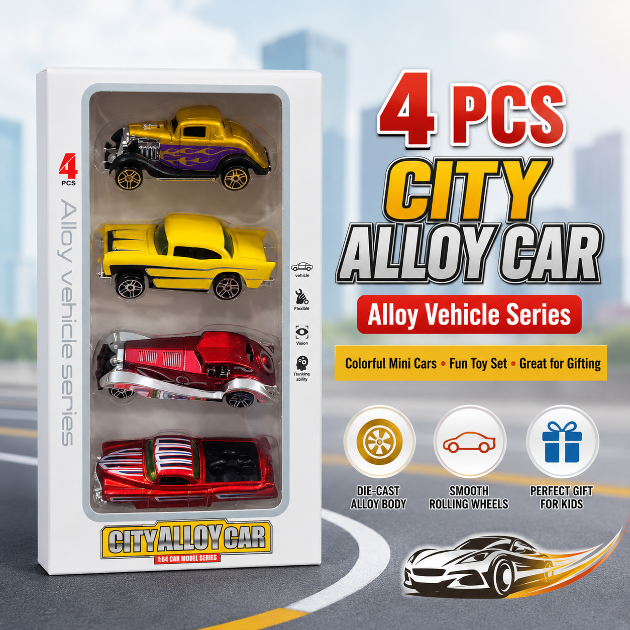 4 Pcs City Alloy Car Toy Set – 1:64 Die Cast Mini Vehicle Model Cars for Kids, Metal Toy Cars Gift Pack, Assorted Designs - Image 4