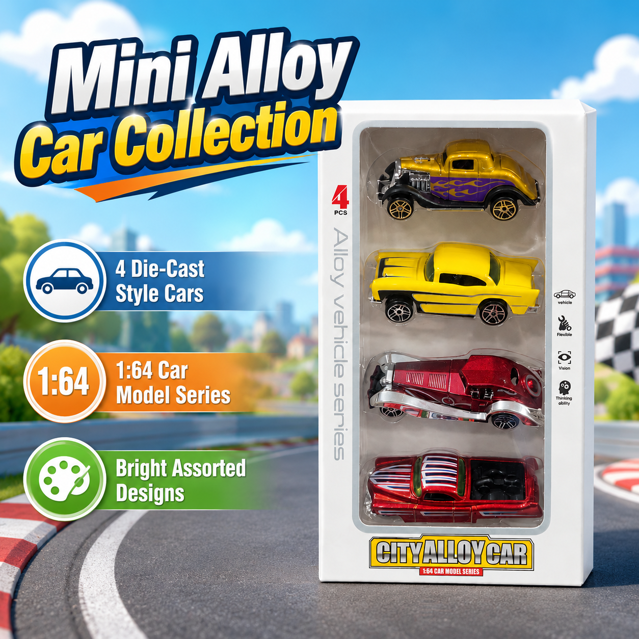4 Pcs City Alloy Car Toy Set – 1:64 Die Cast Mini Vehicle Model Cars for Kids, Metal Toy Cars Gift Pack, Assorted Designs - Image 5