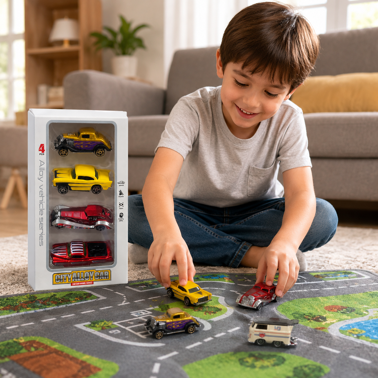 4 Pcs City Alloy Car Toy Set – 1:64 Die Cast Mini Vehicle Model Cars for Kids, Metal Toy Cars Gift Pack, Assorted Designs - Image 9