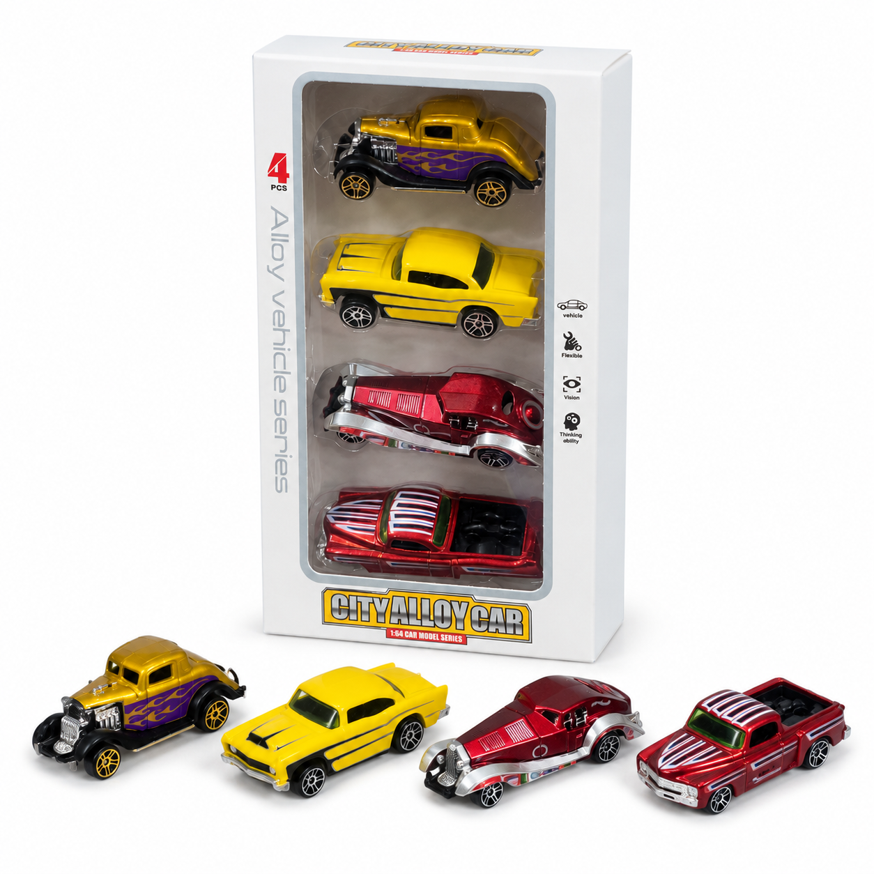 4 Pcs City Alloy Car Toy Set – 1:64 Die Cast Mini Vehicle Model Cars for Kids, Metal Toy Cars Gift Pack, Assorted Designs