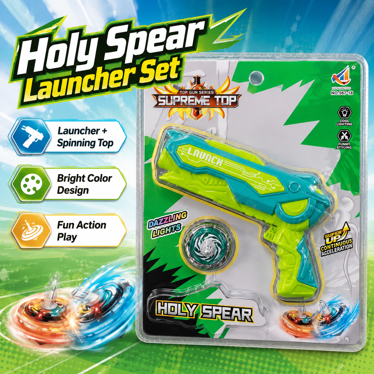 Holy Spear Spinning Top Launcher Toy for Kids – Light Up Battle Gyro Toy Gun with Dazzling Lights, Pull Launcher & Spinning Top Gift Set - Image 11