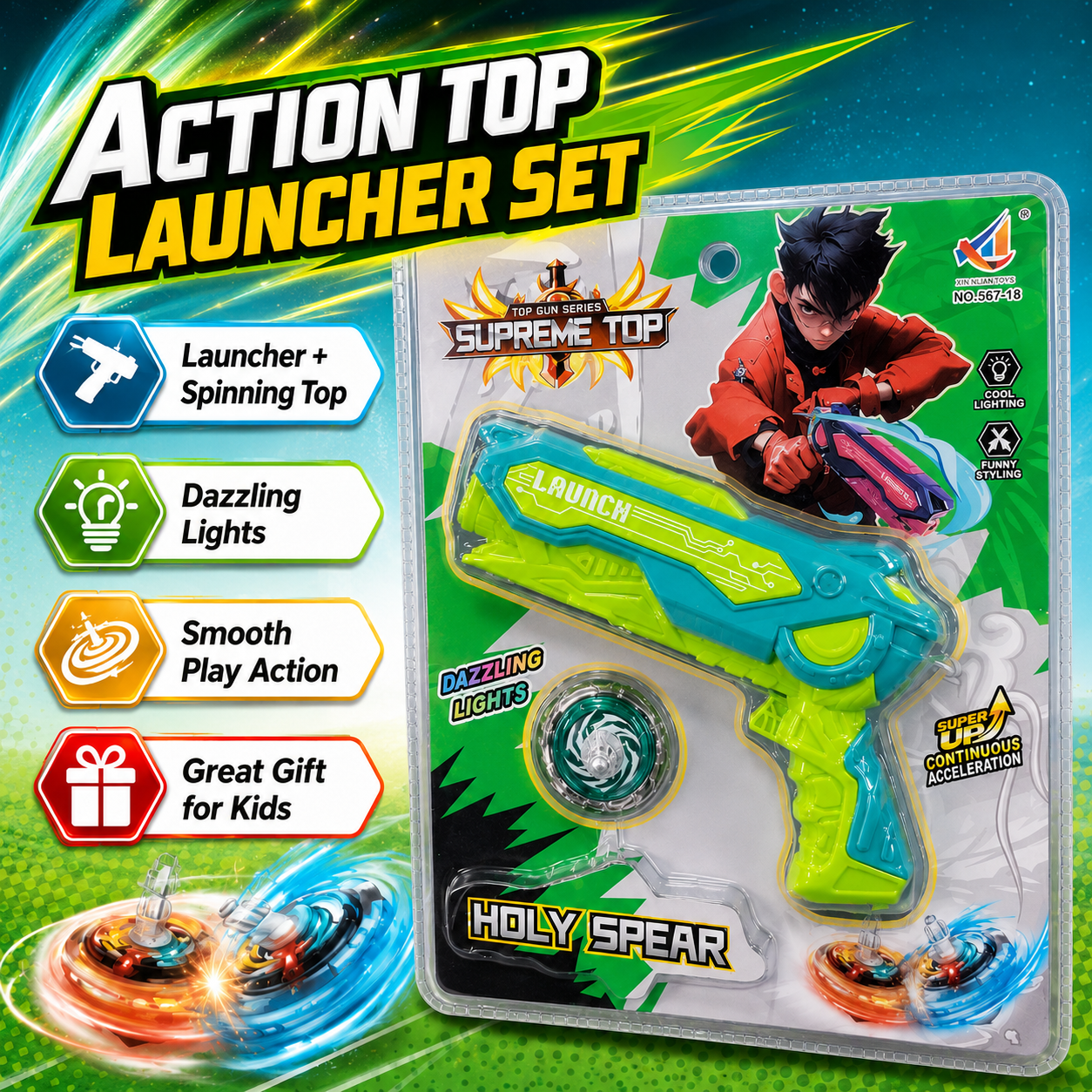 Holy Spear Spinning Top Launcher Toy for Kids – Light Up Battle Gyro Toy Gun with Dazzling Lights, Pull Launcher & Spinning Top Gift Set - Image 10