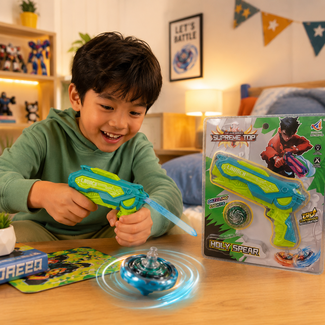 Holy Spear Spinning Top Launcher Toy for Kids – Light Up Battle Gyro Toy Gun with Dazzling Lights, Pull Launcher & Spinning Top Gift Set - Image 5