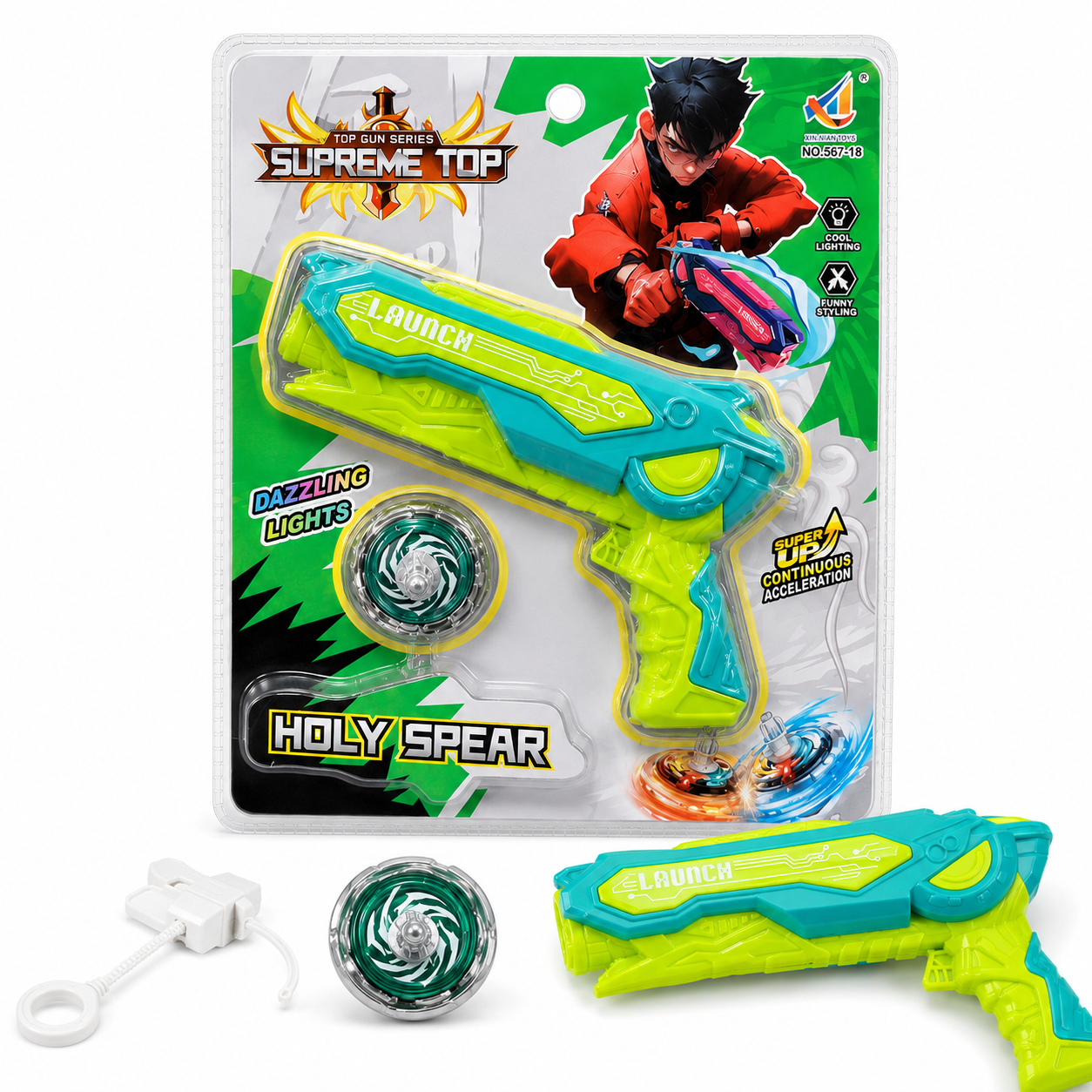 Holy Spear Spinning Top Launcher Toy for Kids – Light Up Battle Gyro Toy Gun with Dazzling Lights, Pull Launcher & Spinning Top Gift Set - Image 6
