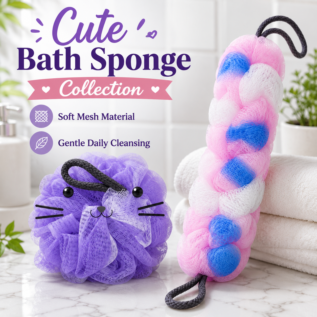 Cute Cat Bath Sponge Loofah Shower Puff Body Scrubber Exfoliating Mesh Pouf with Hanging Rope Pack of 2 - Image 9