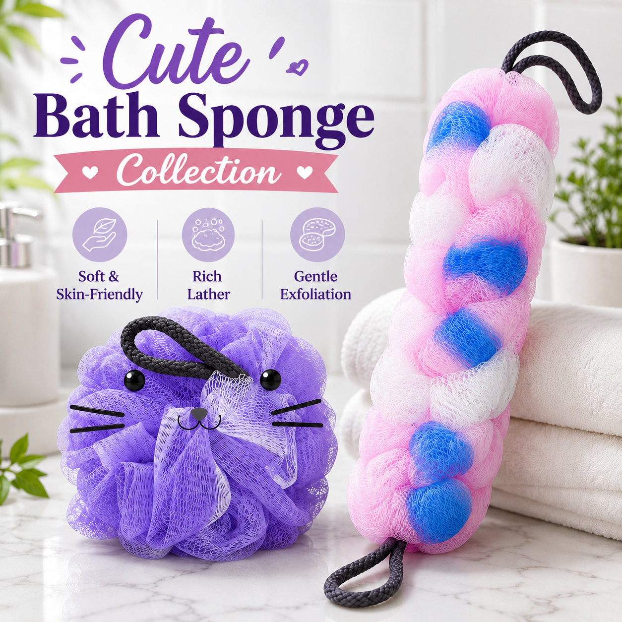 Cute Cat Bath Sponge Loofah Shower Puff Body Scrubber Exfoliating Mesh Pouf with Hanging Rope Pack of 2 - Image 3