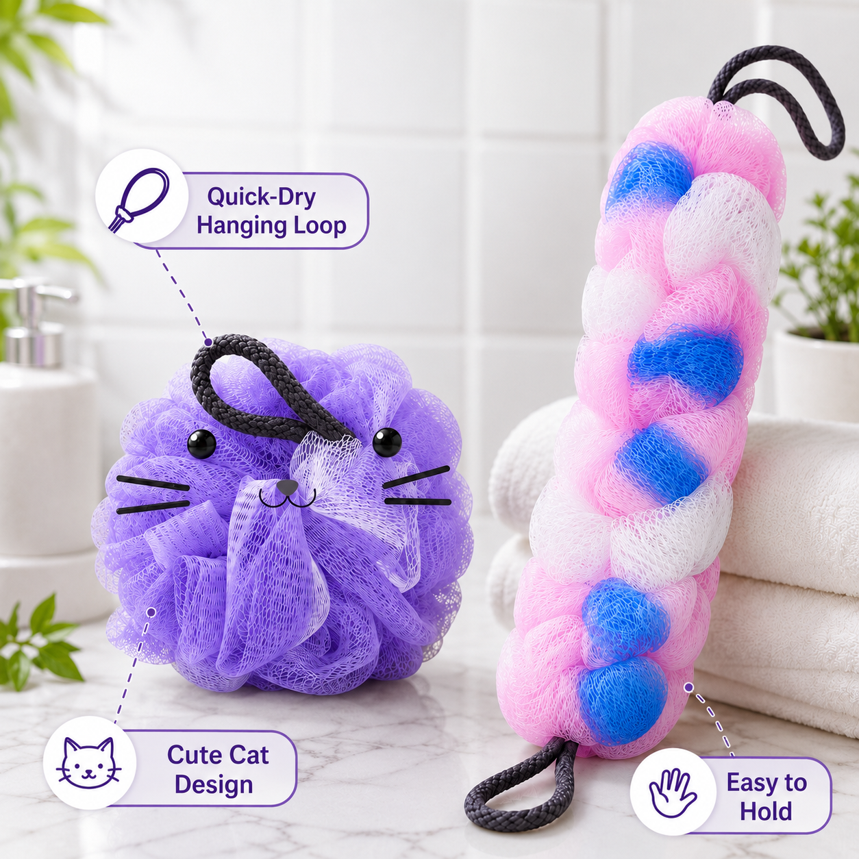 Cute Cat Bath Sponge Loofah Shower Puff Body Scrubber Exfoliating Mesh Pouf with Hanging Rope Pack of 2 - Image 2