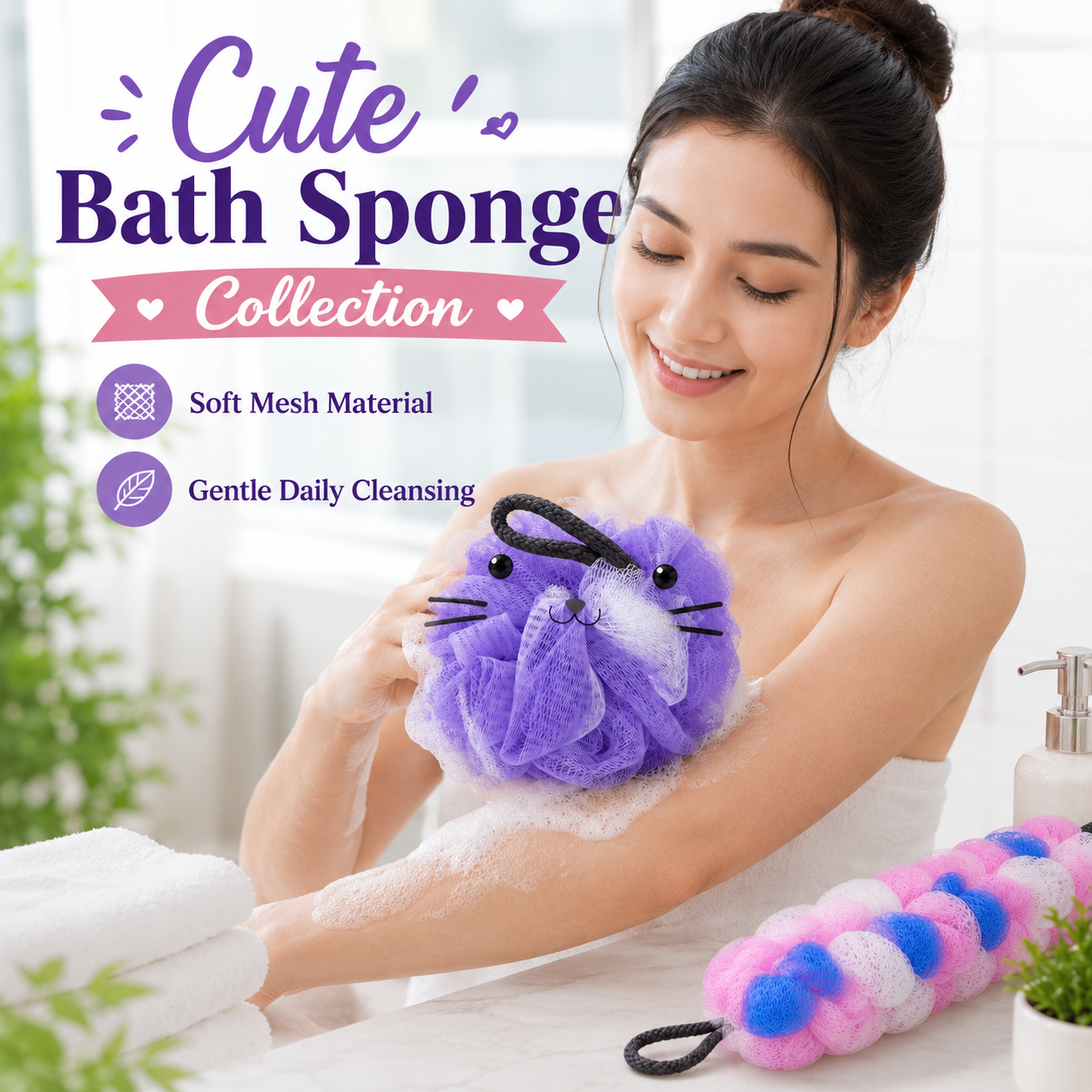 Cute Cat Bath Sponge Loofah Shower Puff Body Scrubber Exfoliating Mesh Pouf with Hanging Rope Pack of 2 - Image 4