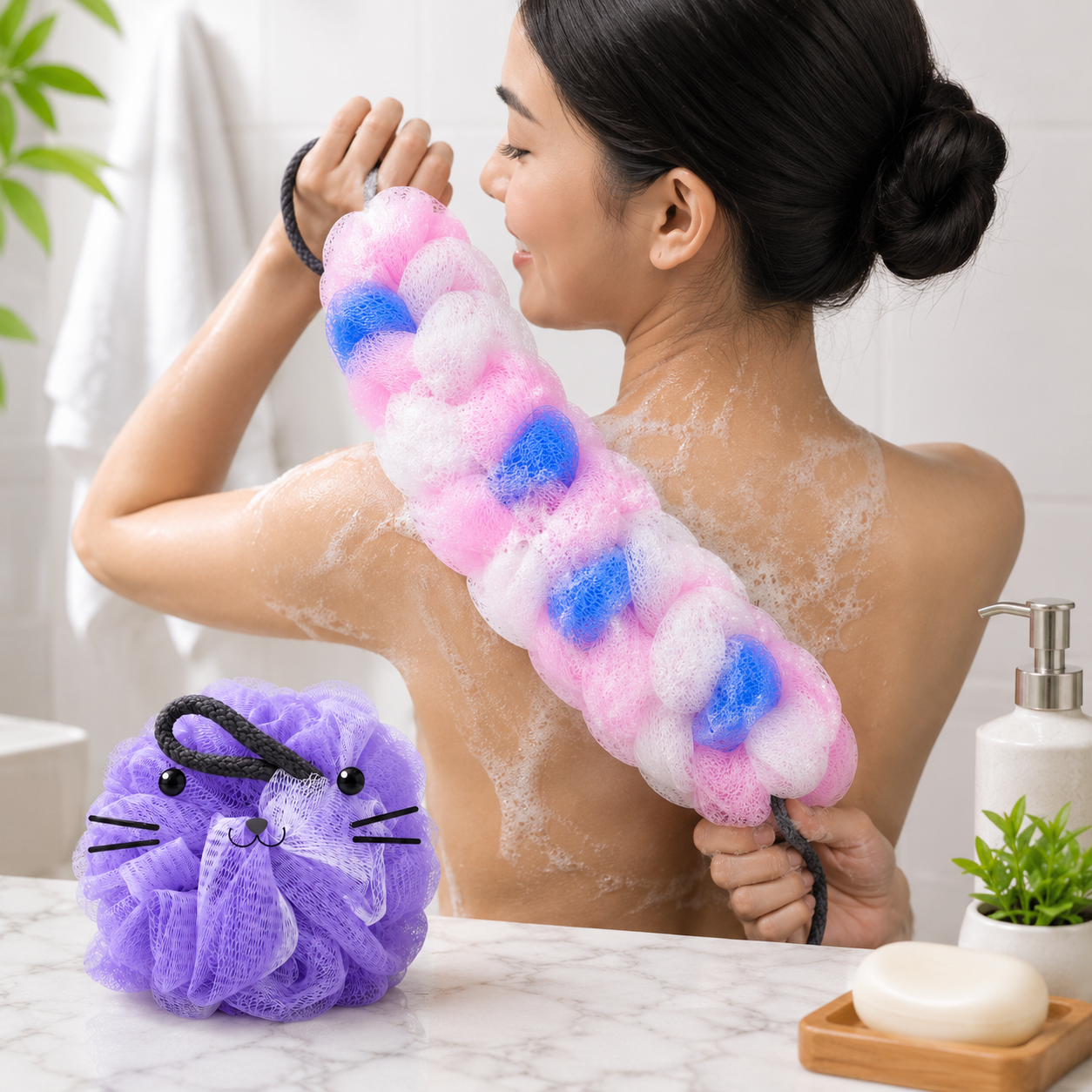 Cute Cat Bath Sponge Loofah Shower Puff Body Scrubber Exfoliating Mesh Pouf with Hanging Rope Pack of 2 - Image 6