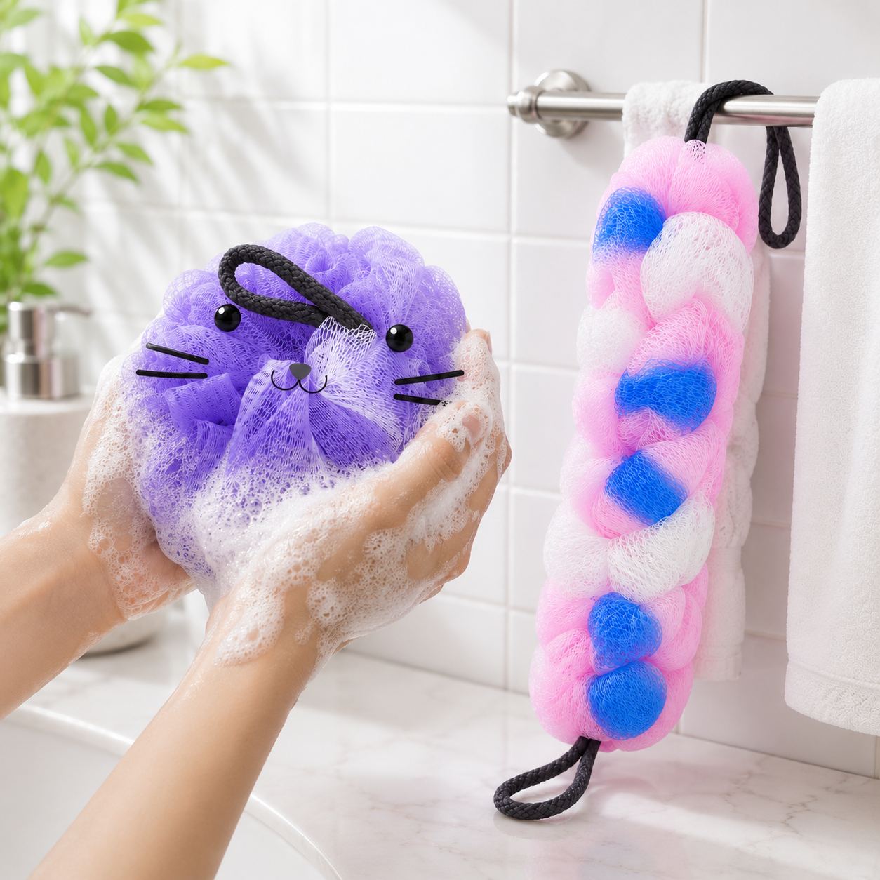 Cute Cat Bath Sponge Loofah Shower Puff Body Scrubber Exfoliating Mesh Pouf with Hanging Rope Pack of 2 - Image 5