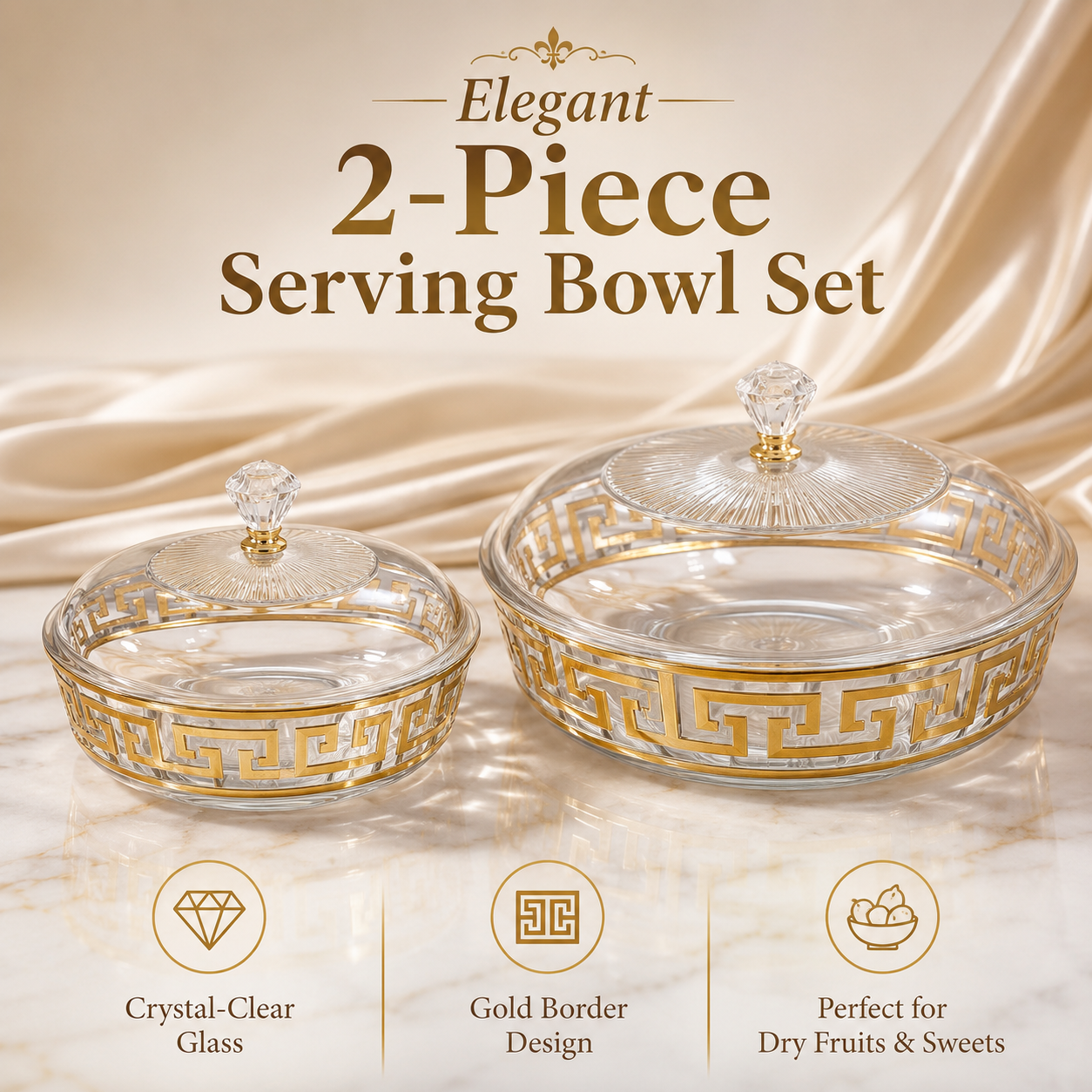 2Pcs Crystal Glass Serving Bowl Set with Lid – Golden Design Snack Bowl, Dry Fruit Bowl, Sweet Dish, Dessert Bowl, Candy Bowl for Dining Table, Kitchen, Home Decor & Gift - Image 10