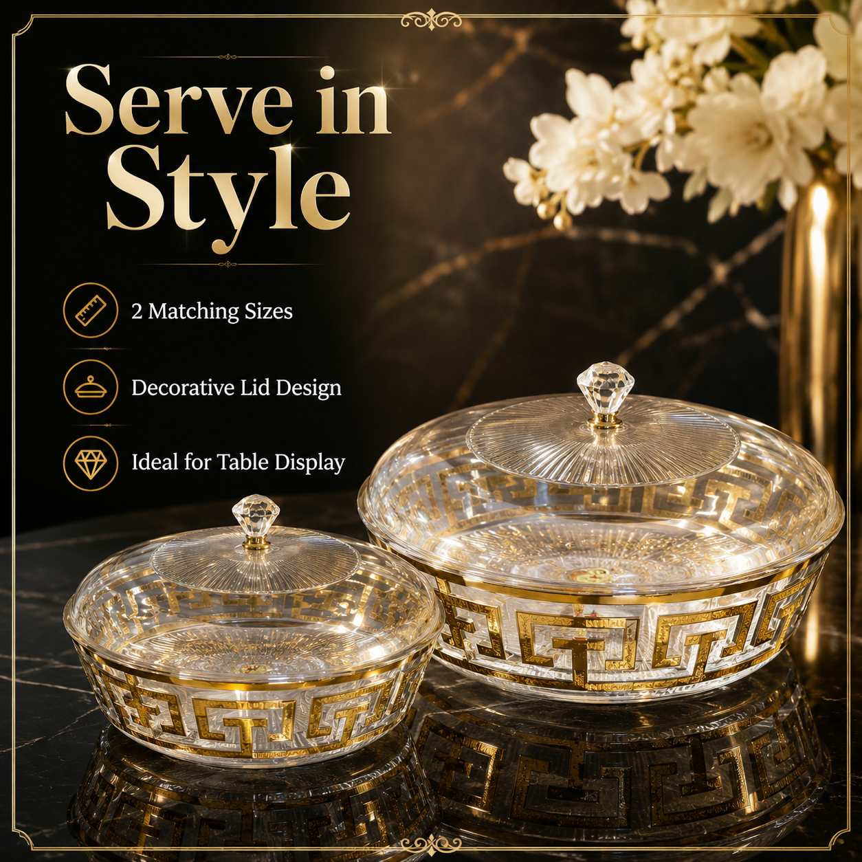 2Pcs Crystal Glass Serving Bowl Set with Lid – Golden Design Snack Bowl, Dry Fruit Bowl, Sweet Dish, Dessert Bowl, Candy Bowl for Dining Table, Kitchen, Home Decor & Gift - Image 9