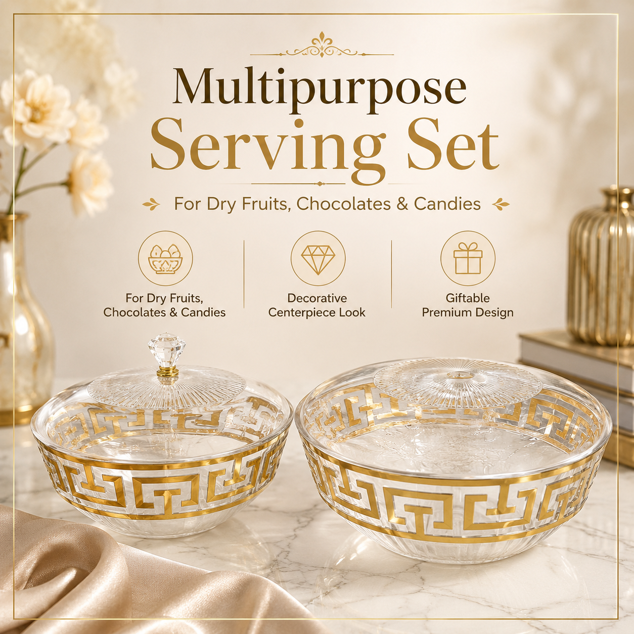 2Pcs Crystal Glass Serving Bowl Set with Lid – Golden Design Snack Bowl, Dry Fruit Bowl, Sweet Dish, Dessert Bowl, Candy Bowl for Dining Table, Kitchen, Home Decor & Gift - Image 8