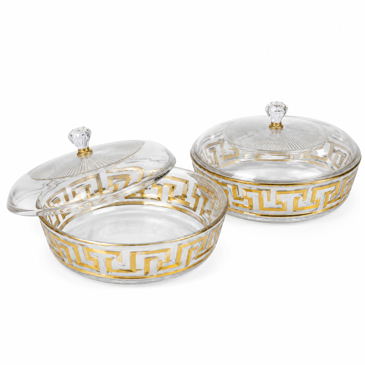 2Pcs Crystal Glass Serving Bowl Set with Lid – Golden Design Snack Bowl, Dry Fruit Bowl, Sweet Dish, Dessert Bowl, Candy Bowl for Dining Table, Kitchen, Home Decor & Gift