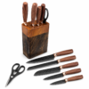 7 Pcs Kitchen Knife Set with Holder – Black Blade Cooking Knife Set with Wood Style Handles, Knife Block Stand & Kitchen Scissors for Home Cooking