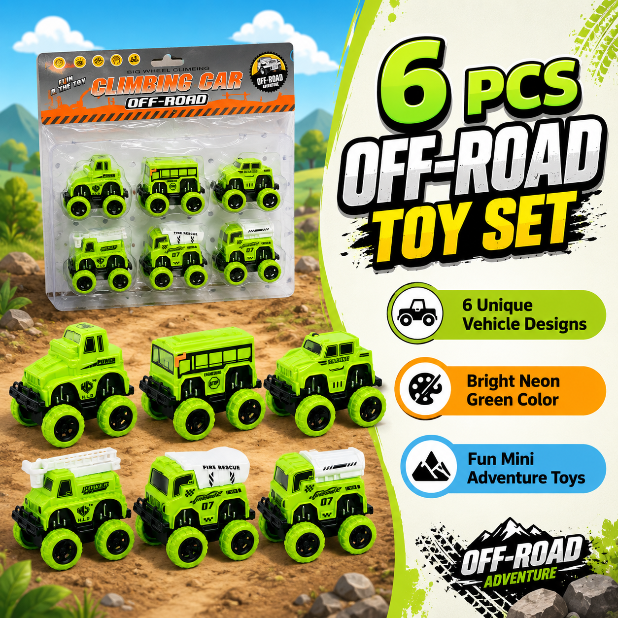 6 Pcs Mini Off Road Climbing Car Set for Kids – Big Wheel Toy Cars, Monster Truck Vehicle Pack, Push Play Cars for Boys & Girls, Assorted Designs - Image 6