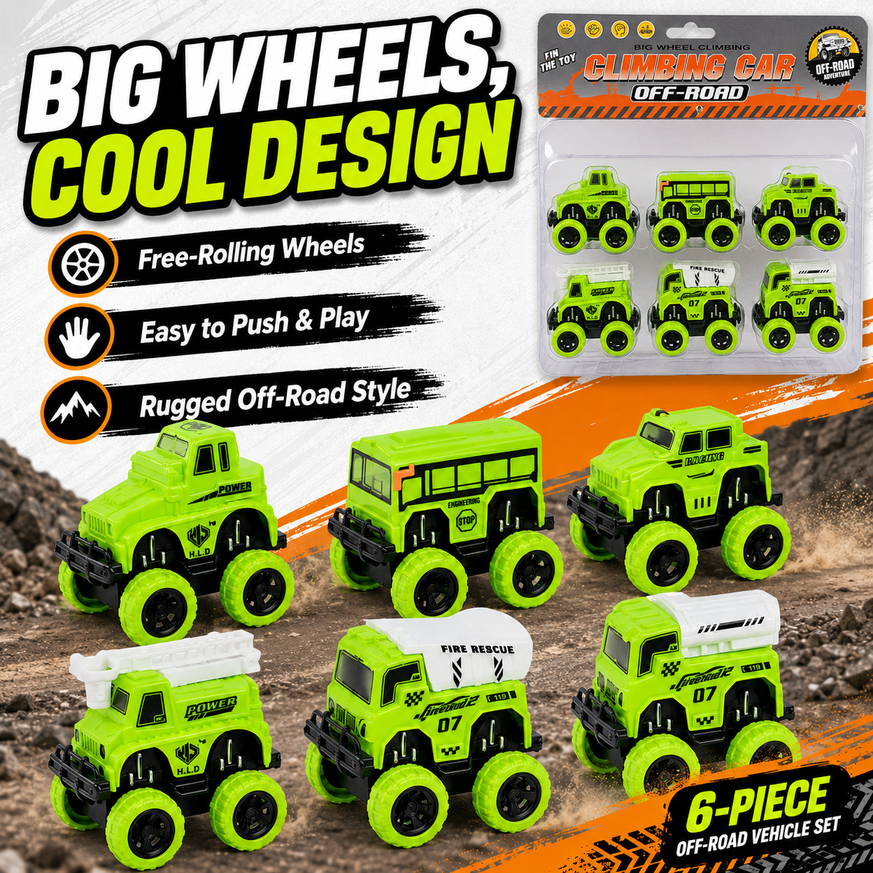 6 Pcs Mini Off Road Climbing Car Set for Kids – Big Wheel Toy Cars, Monster Truck Vehicle Pack, Push Play Cars for Boys & Girls, Assorted Designs - Image 2