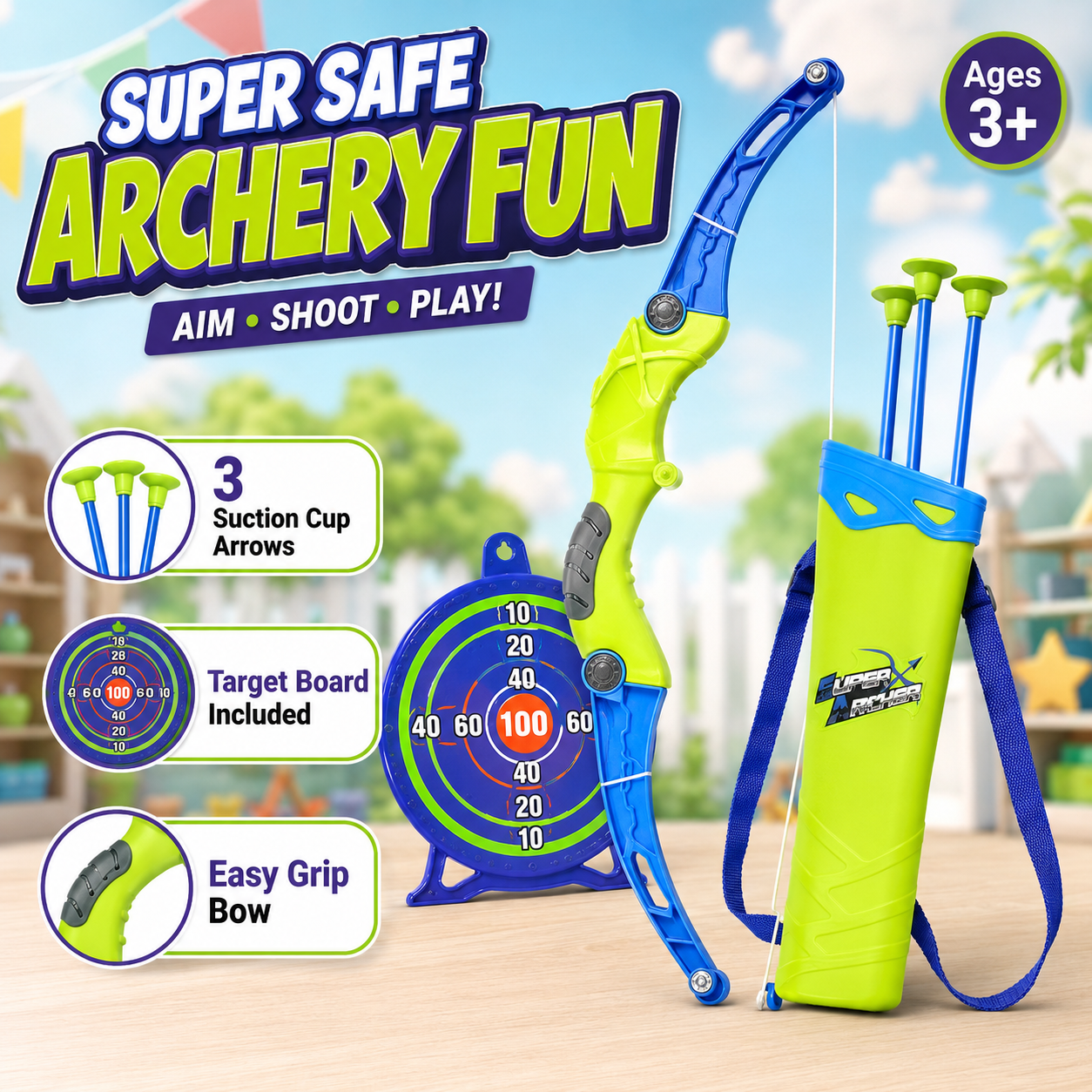 Super Archer Kids Bow & Arrow Toy Set – Suction Cup Arrow Shooting Game with Target Board & Quiver for Outdoor Play, Birthday Gift & Kids Sports Fun - Image 3